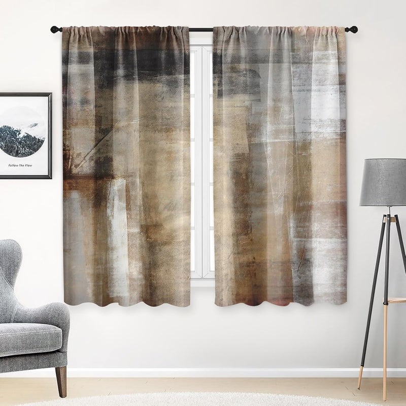 Tayney Brown Beige Painting Kitchen Curtains 63 Inch Length Grey Window Curtains Over Sink Set of 2, Contemporary Curtain for Bedroom Living Room, Abstract Kitchen Decor 42x63 Inch - Image 1